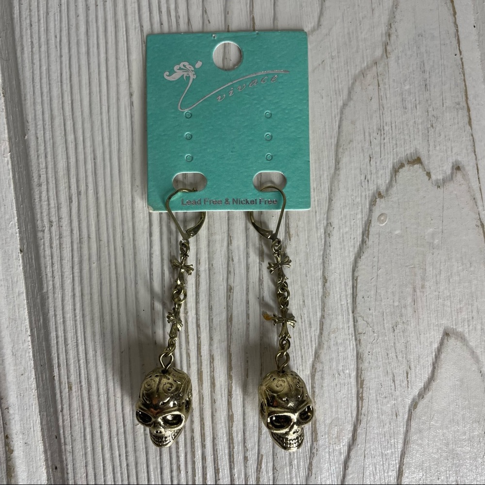 Vivace Skull 3” Drop Earrings Gold Tone Metal Crucifix Hook